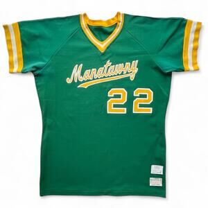 True Vintage Sand Knit Medalist Manatawny Baseball Jersey Green Yellow L 70s 22
